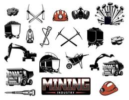 Coal mining machinery, miner equipment tools vector