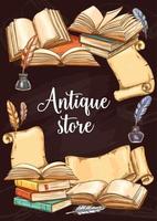 Antique books shop, vintage vector sketch poster