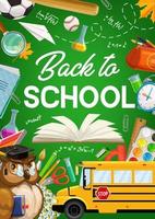 Back to School, owl, school bus, study supplies vector