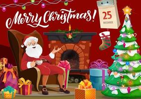 Santa Claus and fireplace, Merry Christmas wish vector