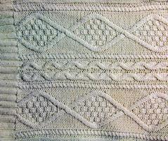 The texture of a large knit sweater or scarf. Knitted background with a relief pattern. Wool hand or machine knitting. Fabric background. photo