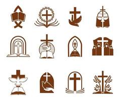 iconos de la cruz de la religión cristiana, la biblia y la paloma de dios vector