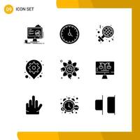 Pictogram Set of 9 Simple Solid Glyphs of pin gps contact us gear woman Editable Vector Design Elements