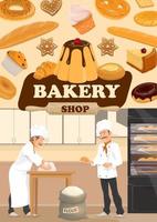 panadero horneando pan, panadería pastelería dulces vector
