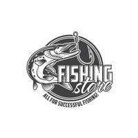 Fishing store, pike and hook, fisher tackles shop vector