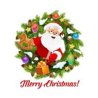 Santa with gifts in Christmas wreath frame vector