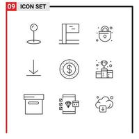 User Interface Pack of 9 Basic Outlines of number first position video awards cash Editable Vector Design Elements