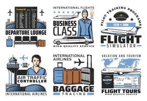 Airport and aviation flight service vector icons