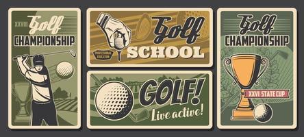 Golf school, champion sport tournament posters vector