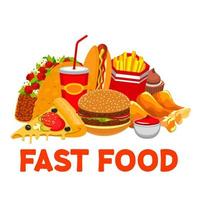 Burger, cola, pizza, fries takeaway fastfood vector