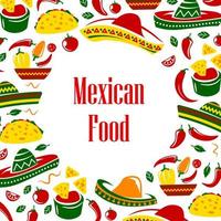 marco de símbolos de México. comida mexicana y sombrero vector