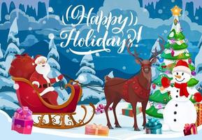Christmas sleigh with Santa, snowman and Xmas gift