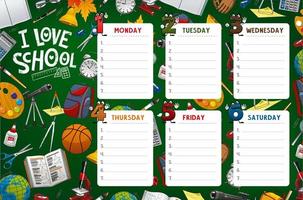 School timetable week schedule, classes supplies vector