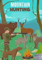 cazador con animales, rifle y perro de caza vector