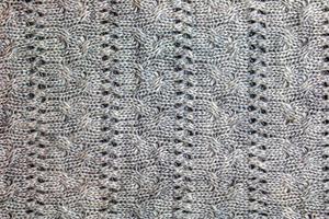 Gray knitted handmade sweater background. The texture of the surface of the woolen jersey made of yarn, close-up. Image for the background. Wool carpet or sweater. Gray texture. Modern design. photo