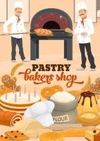 Bakers with bread, baguette, pizza, cake and oven vector