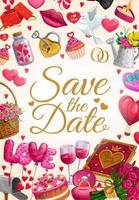Save the Date love hearts, wedding rings and gifts vector