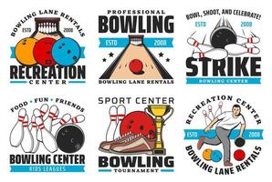 Bowling sport game icons with balls and pin strike vector