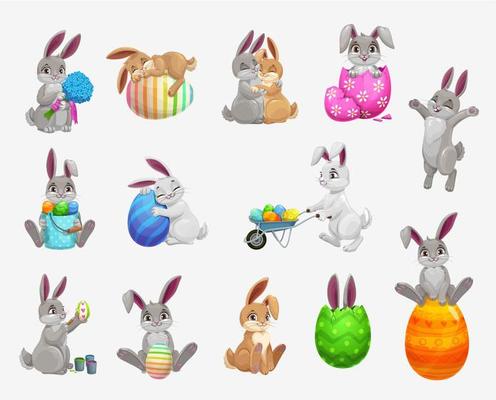 Easter holiday bunny or rabbit with egg icons set
