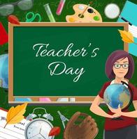 Teachers day vector poster, cartoon school teacher
