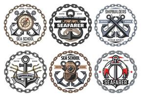 Sea sailing, marine anchor and compass badges vector