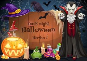 Dracula on Halloween party. Candy, pumpkin and bat vector