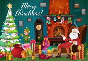 Santa, Christmas elf and Xmas gifts near fireplace vector