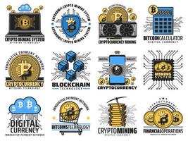 Cryptocurrency blockchain, digital bitcoin mining vector