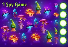 I spy game worksheet with magic mushroom on meadow vector