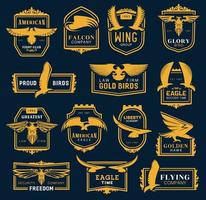 Golden eagle and hawk birds, heraldic wings icons vector