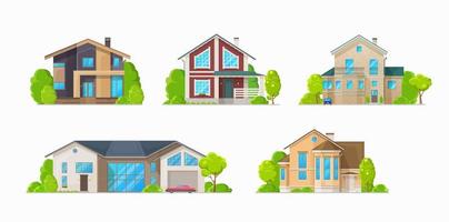 Residential houses, family home cottages buildings vector