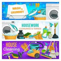 Housework cleaning, clean laundry washing banners vector