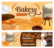 Baker with menu, bread, pastries, flour and hats vector