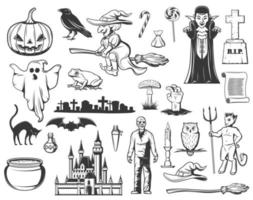 Halloween witch, ghost, pumpkin. Monster icons vector