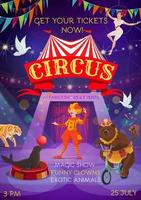 gran carpa de circo espectáculo de magia animales y payasos vector