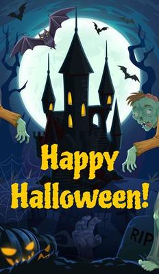 Halloween night, castle, zombies and graveyard