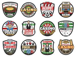 Casino roulette, poker, croupier, dice, card icons vector