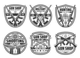 Shop gun icons, crossed rifles and pistols ammo vector
