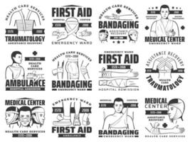 Bandages of injury and fracture. First aid icons vector