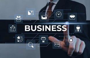 Business closeup concept image with white glyph icons. Profitable company. Front view photo of businessman touching screen on background. Picture for web banner, infographics, blog, news and article