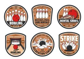 Bowling club, sport game icons vector