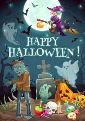 Halloween night, graveyard. Zombie ghosts, pumpkin