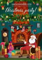 Santa Claus, Christmas fireplace and Xmas gifts