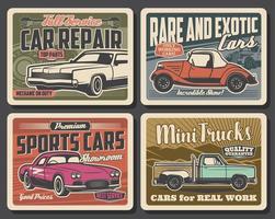 Auto service, vintage cars repair and showroom vector