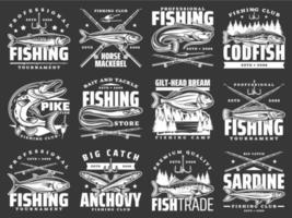 Fishing sport, tournament and big fish catch icons vector