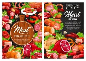 Butcher meat and sausages, butchery food sketch vector