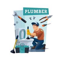 Plumber cleaning toilet with plunger and tools vector