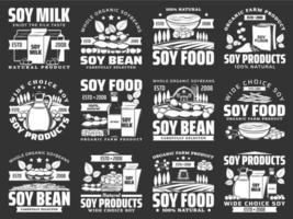 iconos de alimentos de soja de leche de soja, tofu, aceite, salsa vector