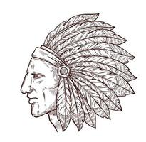 Native Indian chief sketch, feathers headdress vector