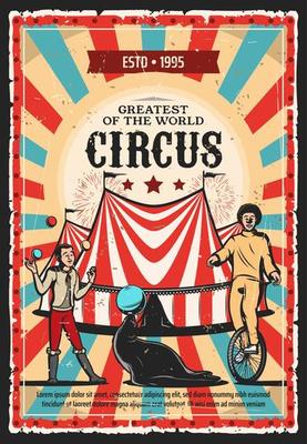 Circus clown, acrobat and juggler with top tent